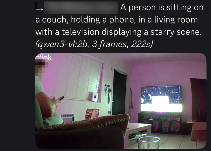 Follow-up reply describing a person on a couch holding a phone, footer '(qwen3-vl:2b, 3 frames, 222s)'.