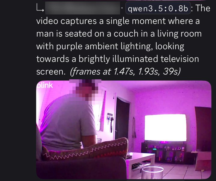 Follow-up reply from qwen3.5:0.8b describing a man on a couch in purple lighting, footer 'frames at 1.47s, 1.93s, 39s'.